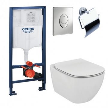 Set vas Wc Ideal Standard Tesi Aquablade + capac slim soft-close + suport hartie igienica Karag + rezervor incastrat Grohe