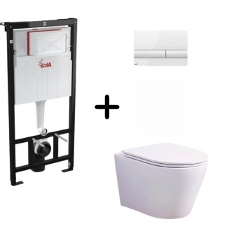 Set vas wc rimless alb cu capac soft close Foglia Oslo, rezervor incastrat si clapeta