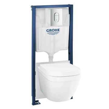 Set vas wc suspendat rimless cu capac Grohe Euroceramic, rezervor incastrat Rapid SL si clapeta crom