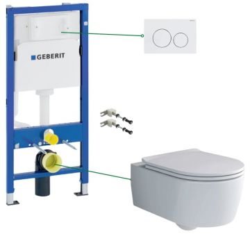 Set vas wc suspendat rimless cu capac soft close Villeroy Boch, rezervor incastrat si clapeta alba Geberit la reducere