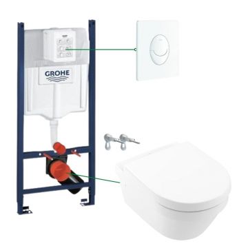 Set vas wc suspendat rimless cu capac VilleroyBoch, Architectura plus rezervor incastrat si clapeta alba Skate Air Grohe la reducere