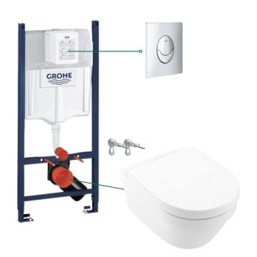 Set vas wc suspendat rimless cu capac VilleroyBoch, Architectura plus rezervor incastrat si clapeta crom Skate Air Grohe la reducere