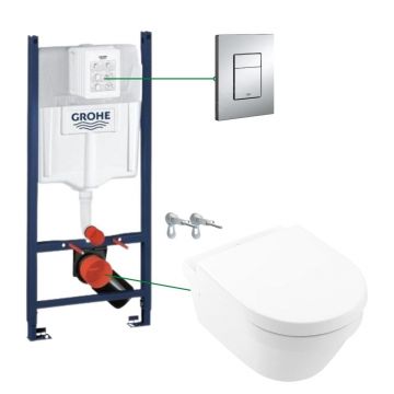 Set vas wc suspendat rimless cu capac VilleroyBoch, Architectura plus rezervor incastrat si clapeta crom Skate Cosmopolitan Grohe