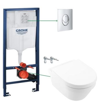 Set vas wc suspendat rimless cu capac VilleroyBoch, Architectura plus rezervor wc incastrat si clapeta crom Skate Air Grohe la reducere